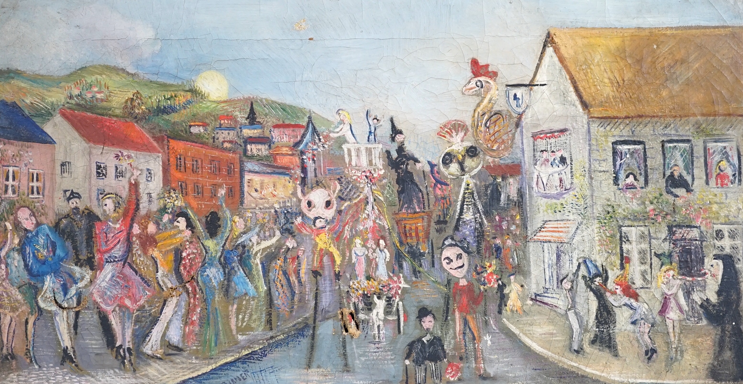 Pinder, oil on canvas, 'Carnival', signed, 25 x 46cm